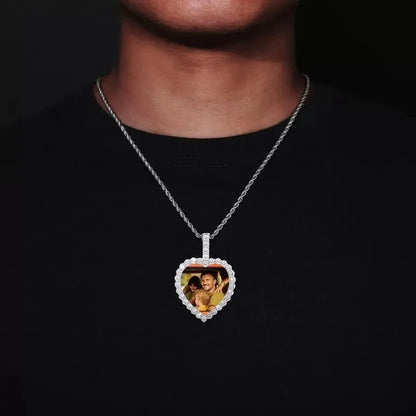 18K Gold Custom Photo Micro-Inlaid Heart Pendant - 40mm