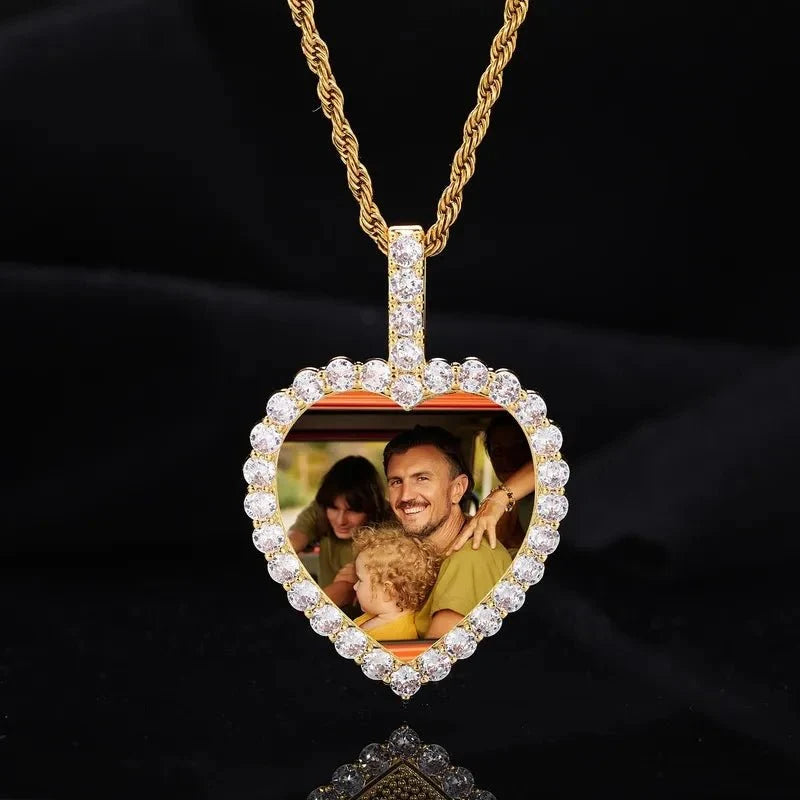 18K Gold Custom Photo Micro-Inlaid Heart Pendant - 40mm