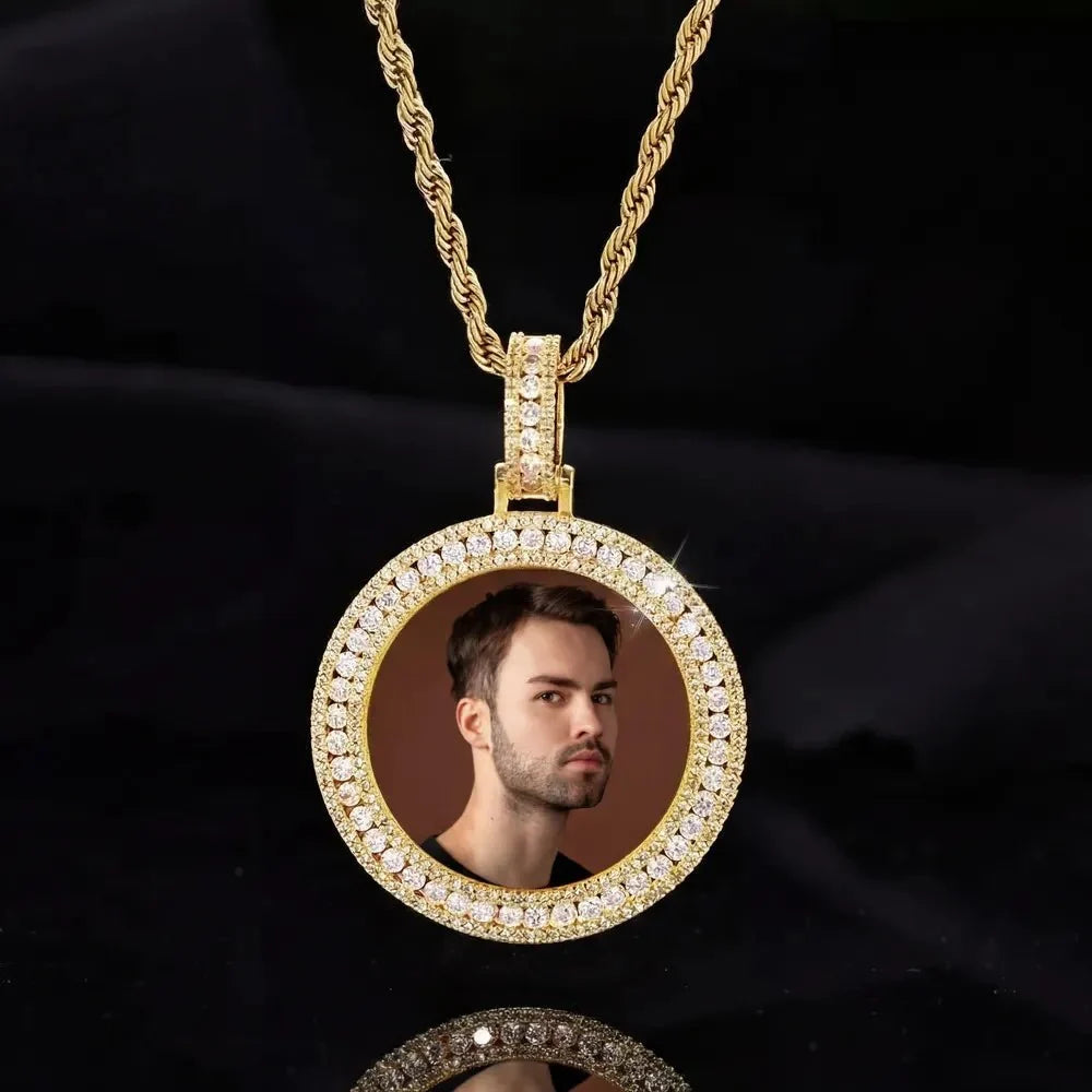 18k Gold Double Row Micro-Inlaid 3D Custom Photo Round Pendant - 40mm
