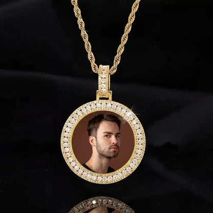 18k Gold Double Row Micro-Inlaid 3D Custom Photo Round Pendant - 40mm