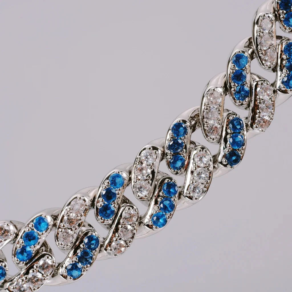 18k White Gold Blue Iced Cuban Chain - 13mm