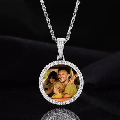 18k Gold Custom Photo Double Row Micro-Pavé Round Pendant - 37mm