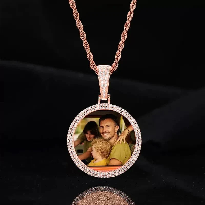 18k Gold Custom Photo Double Row Micro-Pavé Round Pendant - 37mm