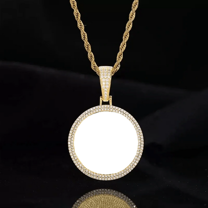 18k Gold Custom Photo Double Row Micro-Pavé Round Pendant - 37mm