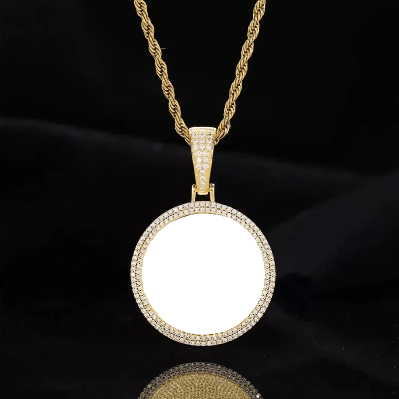 18k Gold Custom Photo Double Row Micro-Pavé Round Pendant - 37mm