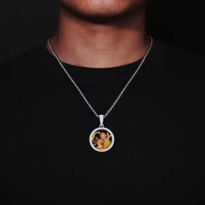 18k Gold Custom Photo Double Row Micro-Pavé Round Pendant - 37mm