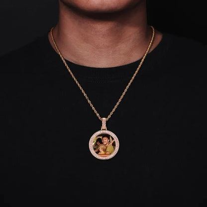 Custom Photo Pink Diamond Round Pendant in 18k Gold - 38mm