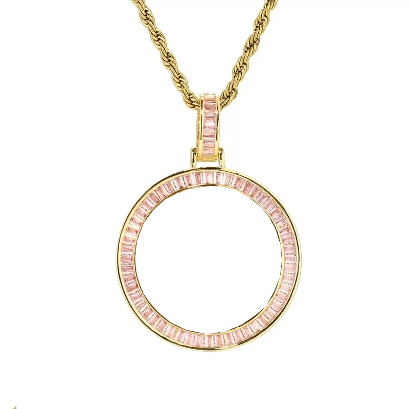 Custom Photo Pink Diamond Round Pendant in 18k Gold - 38mm