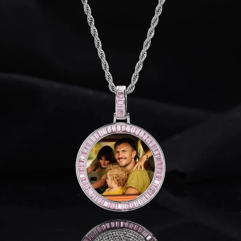 Custom Photo Pink Diamond Round Pendant in 18k Gold - 38mm