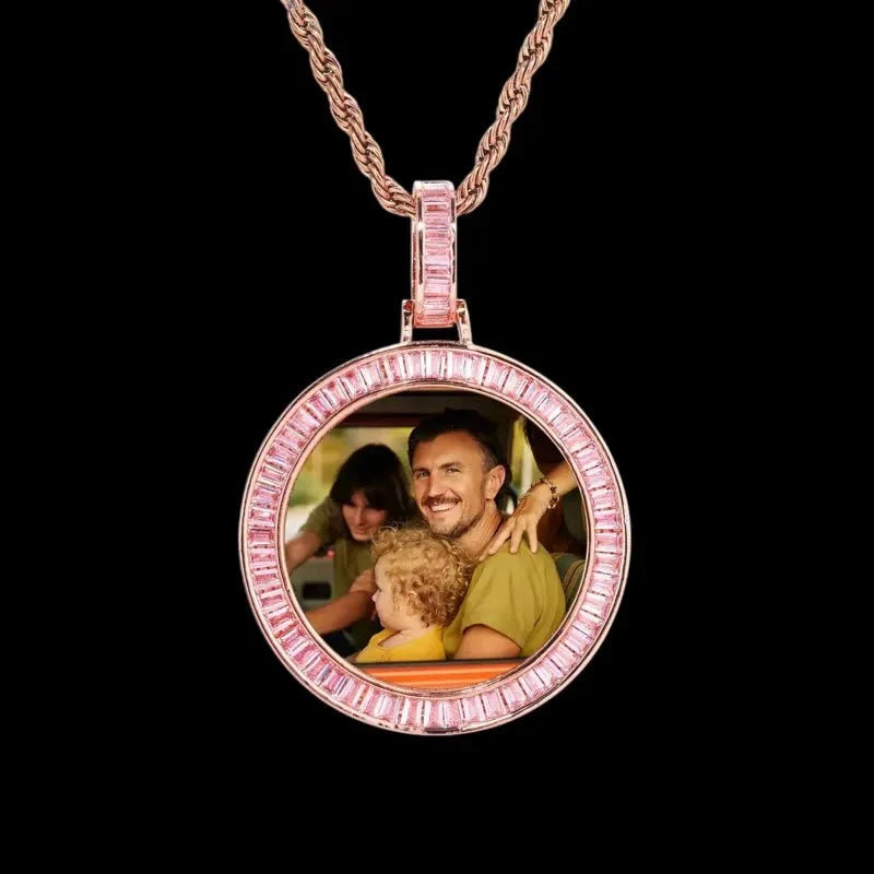 Custom Photo Pink Diamond Round Pendant in 18k Gold - 38mm