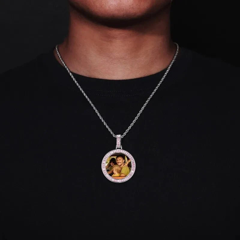 Custom Photo Pink Diamond Round Pendant in 18k Gold - 38mm