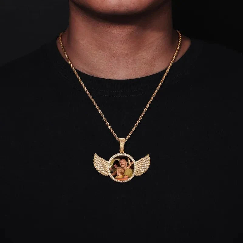 18k Gold Custom Photo Round Wing Pendant - 67mm