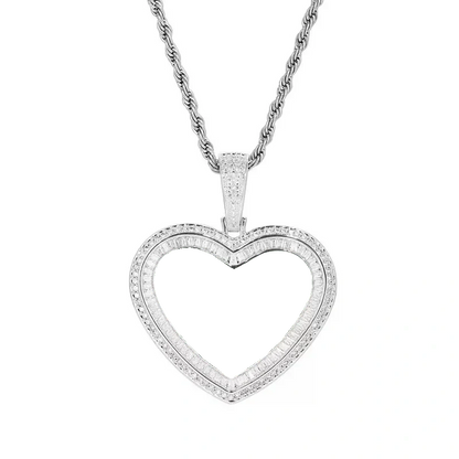 14K White Gold Custom Photo Heart T-Shaped Diamond Pendant - 42mm