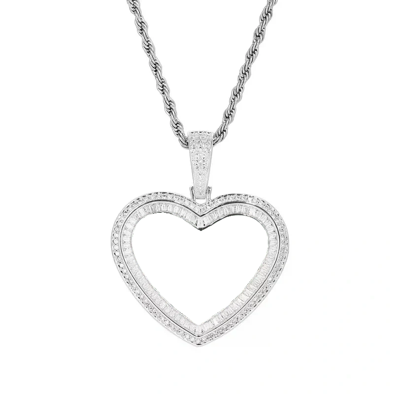 14K White Gold Custom Photo Heart T-Shaped Diamond Pendant - 42mm