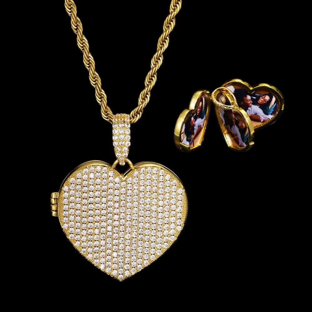 3 x Photo Fully Iced Out Custom Heart-Shaped Solid Pendant - 38mm