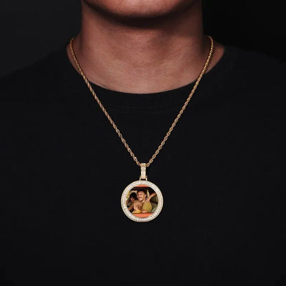 3D Customized Photo T Square Diamond Round Pendant - 38mm