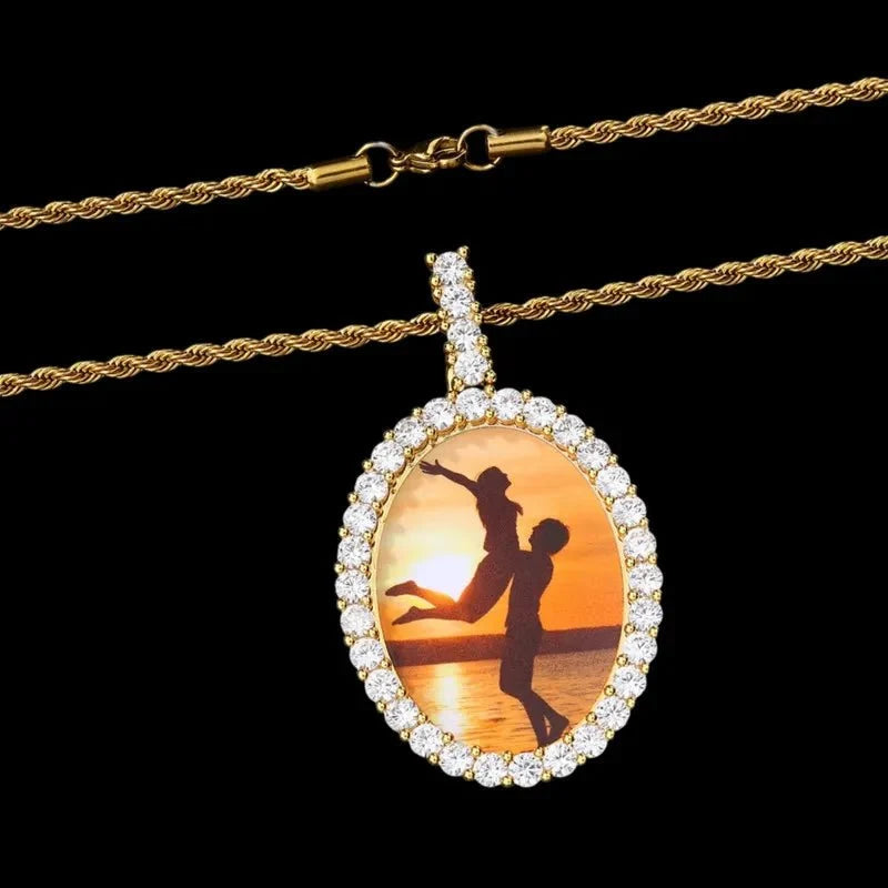 3D New Custom Photo Oval Pendant in White Gold - 38mm