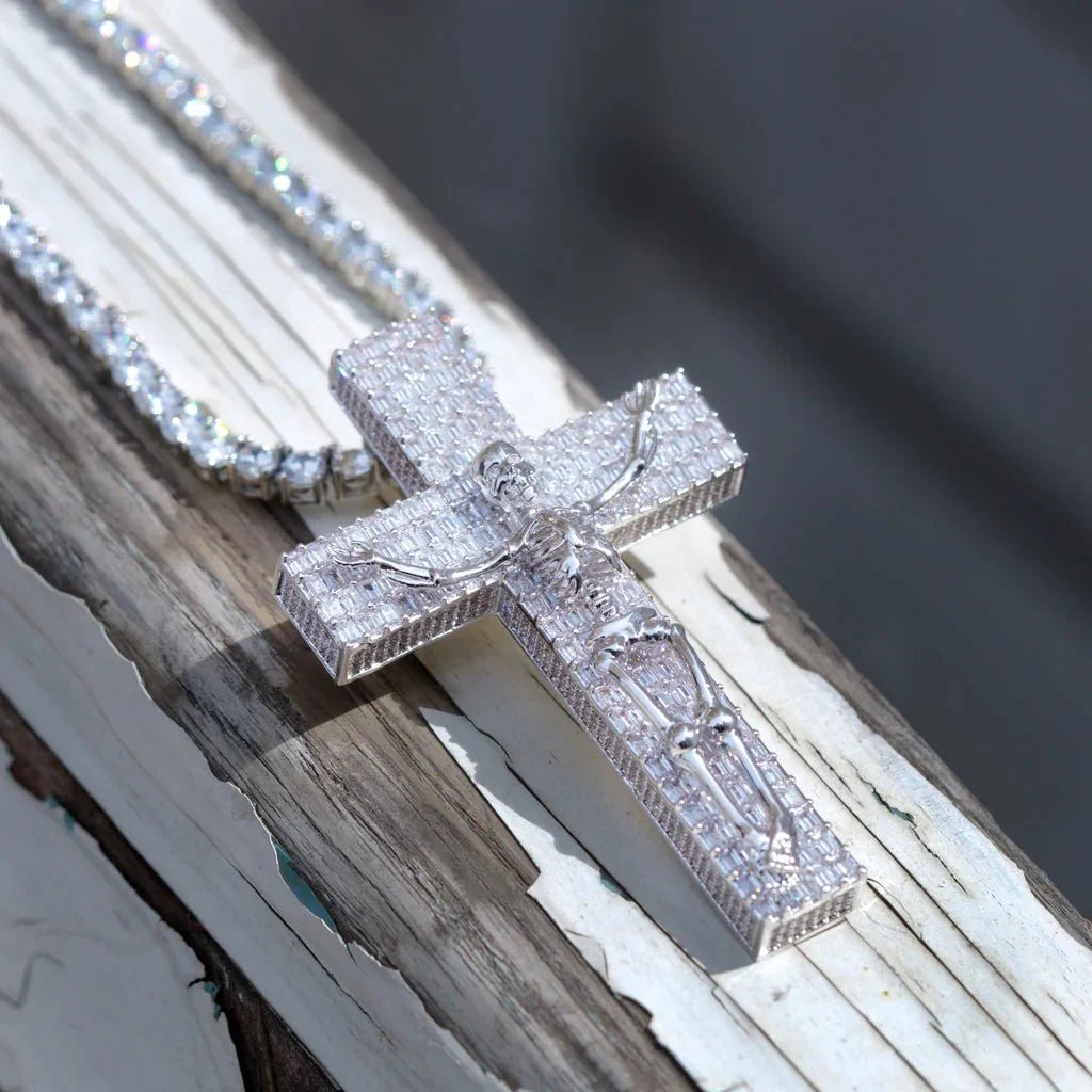 3D Skull Cross Baguette Solid Iced Pendent - 51MM