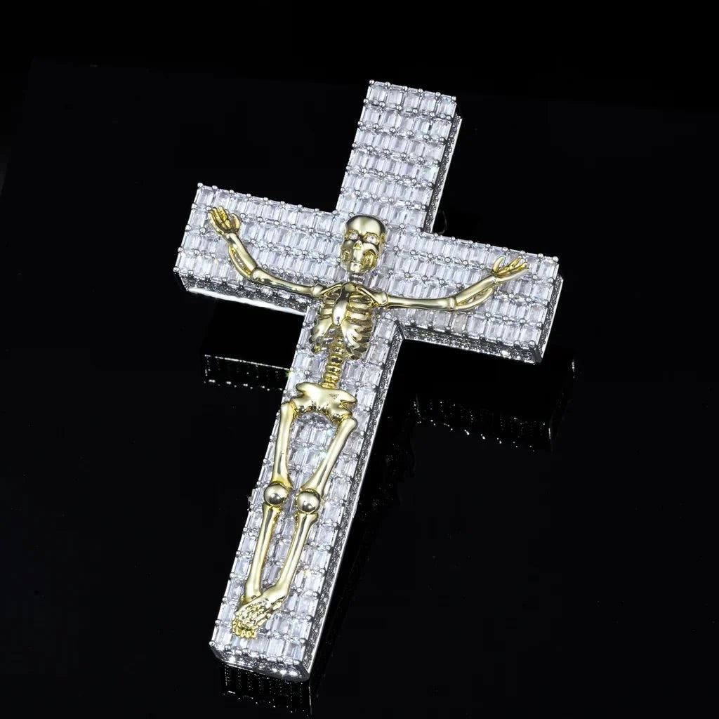 3D Skull Cross Baguette Solid Iced Pendent - 51MM