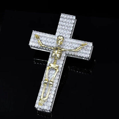 3D Skull Cross Baguette Solid Iced Pendent - 51MM