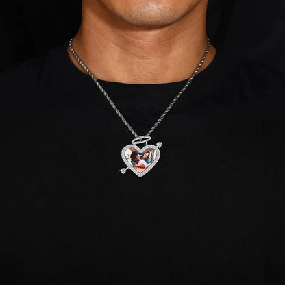 3D Arrow Through Heart Custom Photo Pendant in White Gold - 45mm