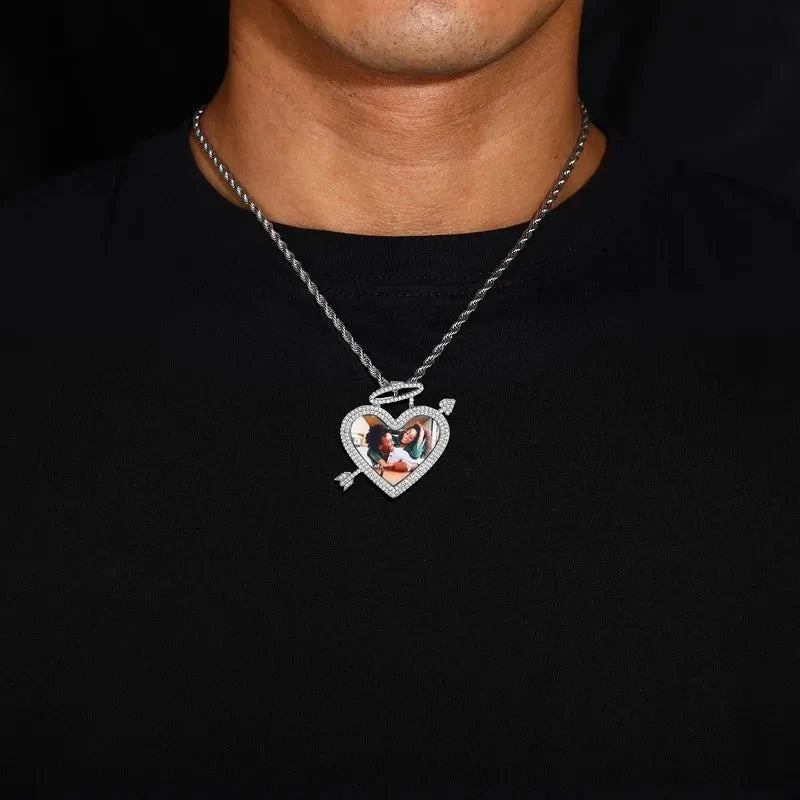 3D Arrow Through Heart Custom Photo Pendant in White Gold - 45mm
