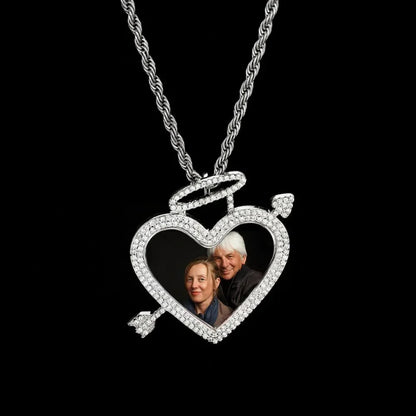 3D Arrow Through Heart Custom Photo Pendant in White Gold - 45mm