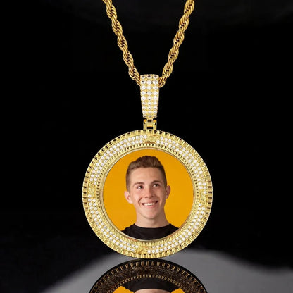 3D Custom Double-Row Diamond Photo Round Pendant - 40mm
