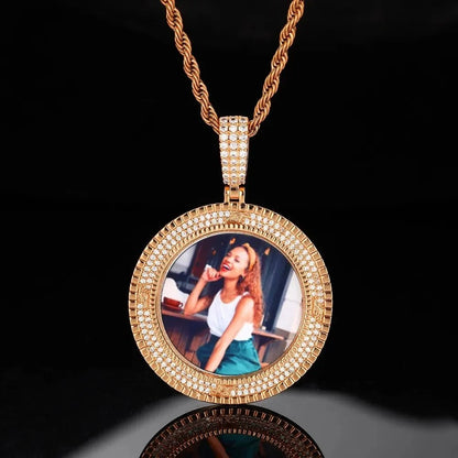 3D Custom Double-Row Diamond Photo Round Pendant - 40mm