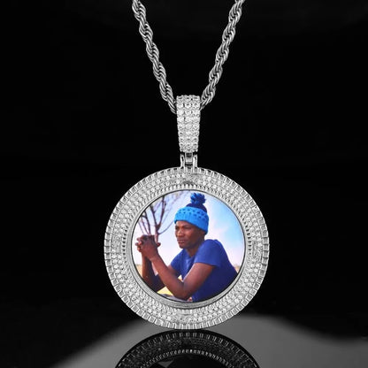 3D Custom Double-Row Diamond Photo Round Pendant - 40mm