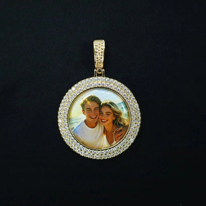 3D Double-Row Diamond-Set Circular Photo Pendant - 42mm