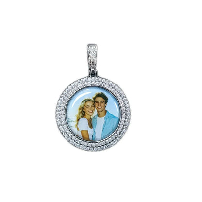 3D Double-Row Diamond-Set Circular Photo Pendant - 42mm
