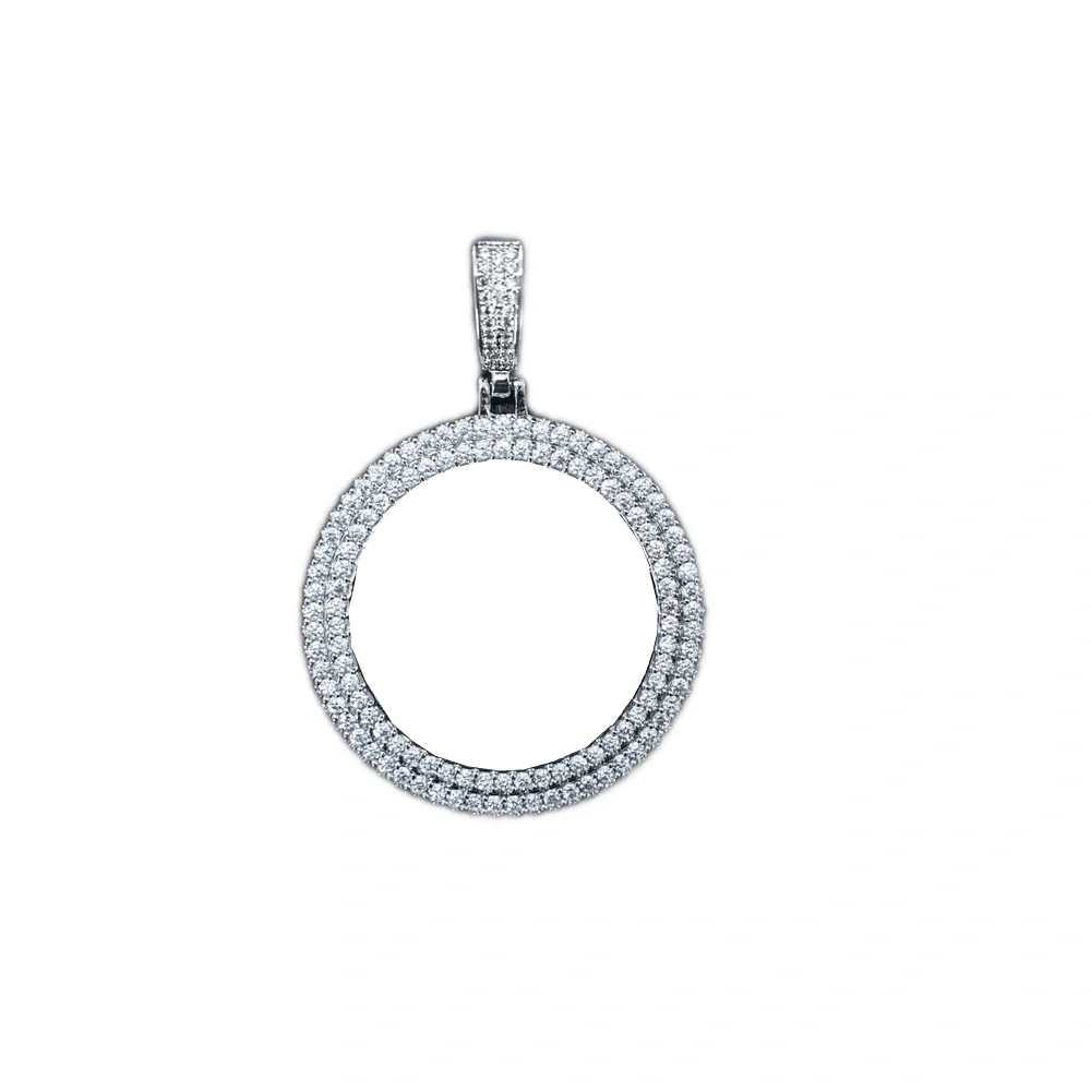3D Double-Row Diamond-Set Circular Photo Pendant - 42mm