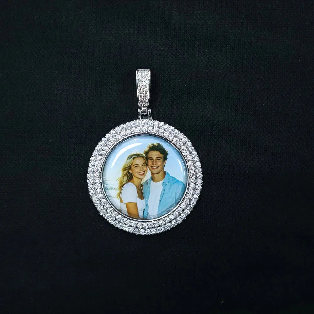 3D Double-Row Diamond-Set Circular Photo Pendant - 42mm