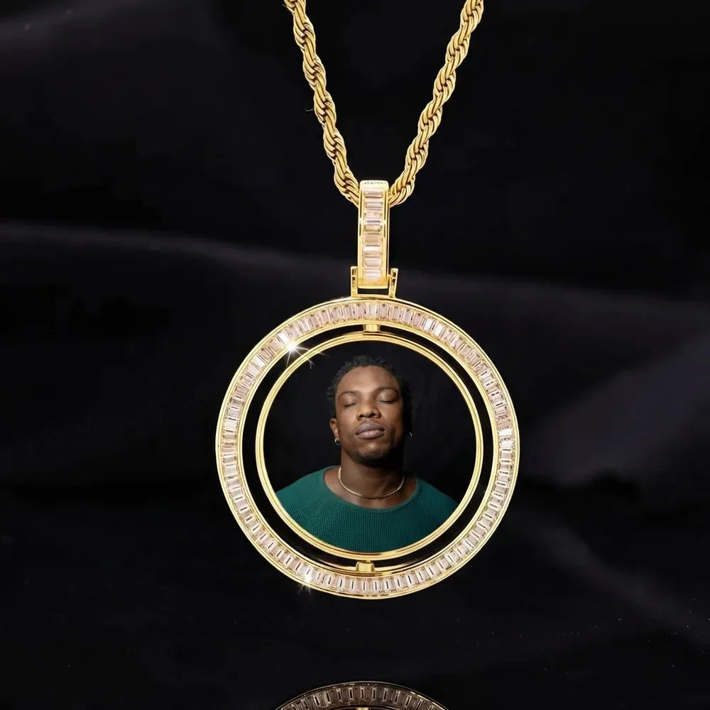 3D Double-Sided Rotated T-Shaped Diamond Round Pendant - 42mm