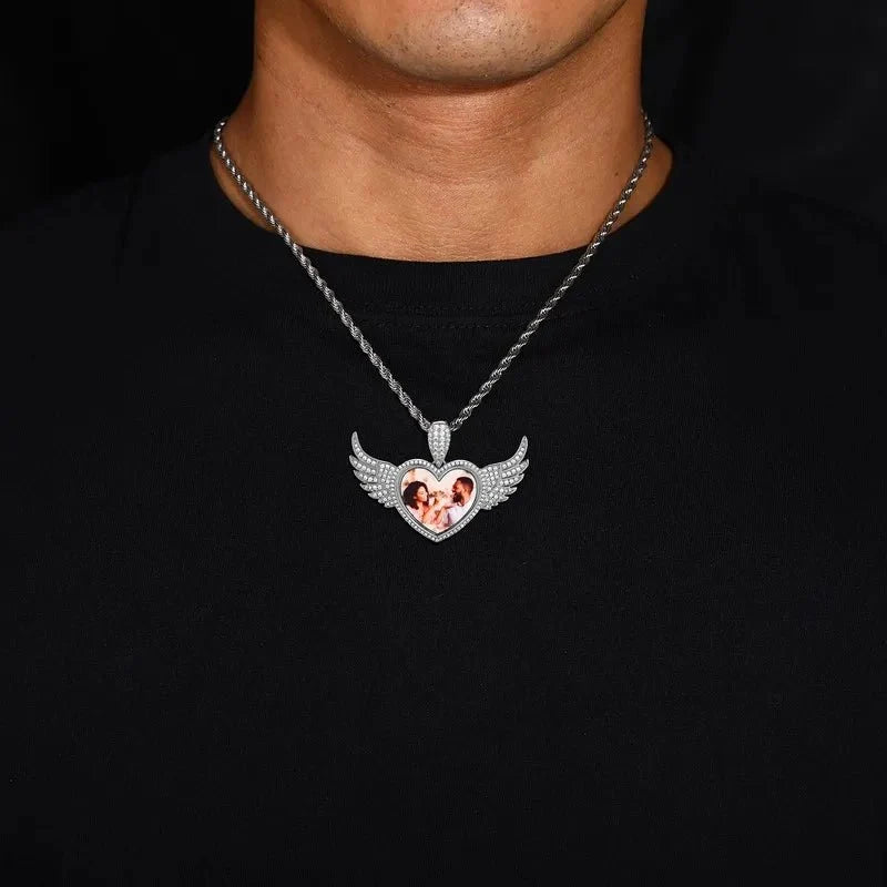 3D Heart Wings Solid Round Custom Photo Pendant - 55mm