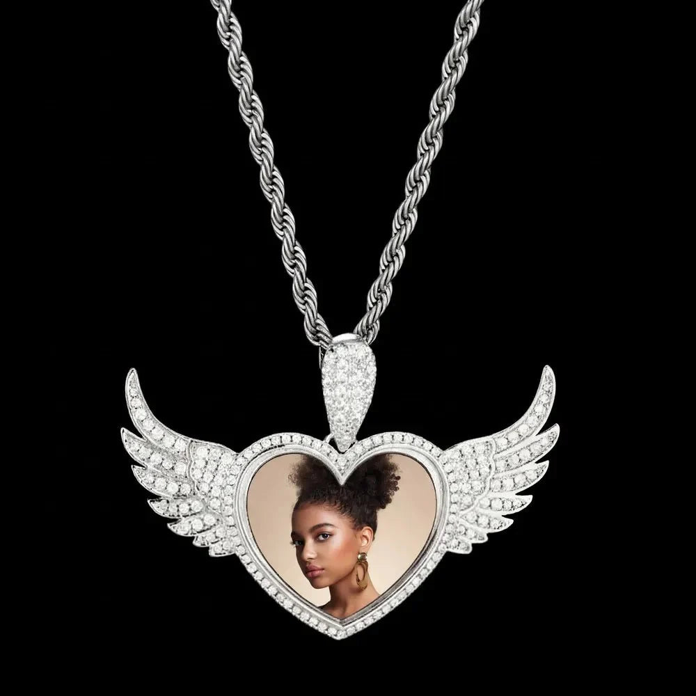 3D Heart Wings Solid Round Custom Photo Pendant - 55mm
