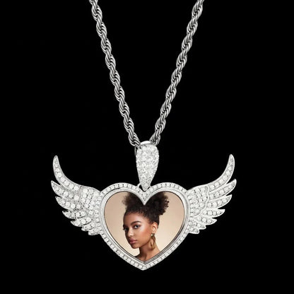 3D Heart Wings Solid Round Custom Photo Pendant - 55mm