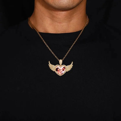3D Heart Wings Solid Round Custom Photo Pendant - 55mm