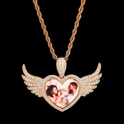 3D Heart Wings Solid Round Custom Photo Pendant - 55mm