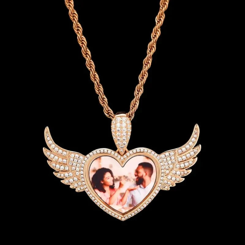 3D Heart Wings Solid Round Custom Photo Pendant - 55mm