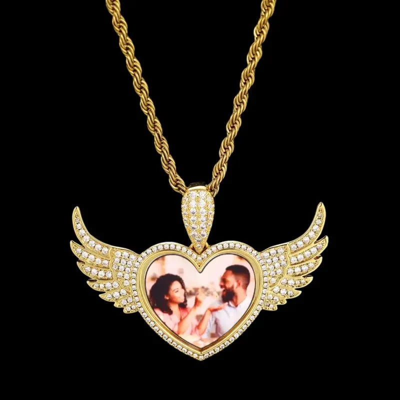 3D Heart Wings Solid Round Custom Photo Pendant - 55mm