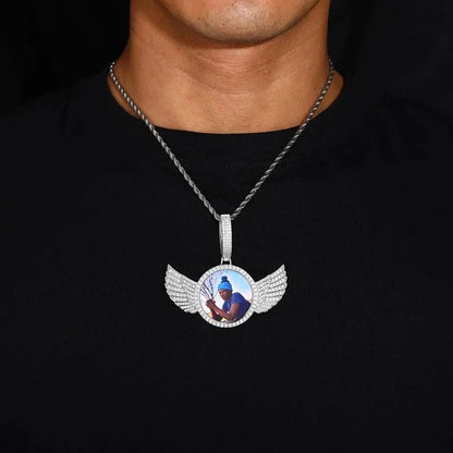 3D Large Buckle Solid Wings Round Custom Photo Pendant - 68mm