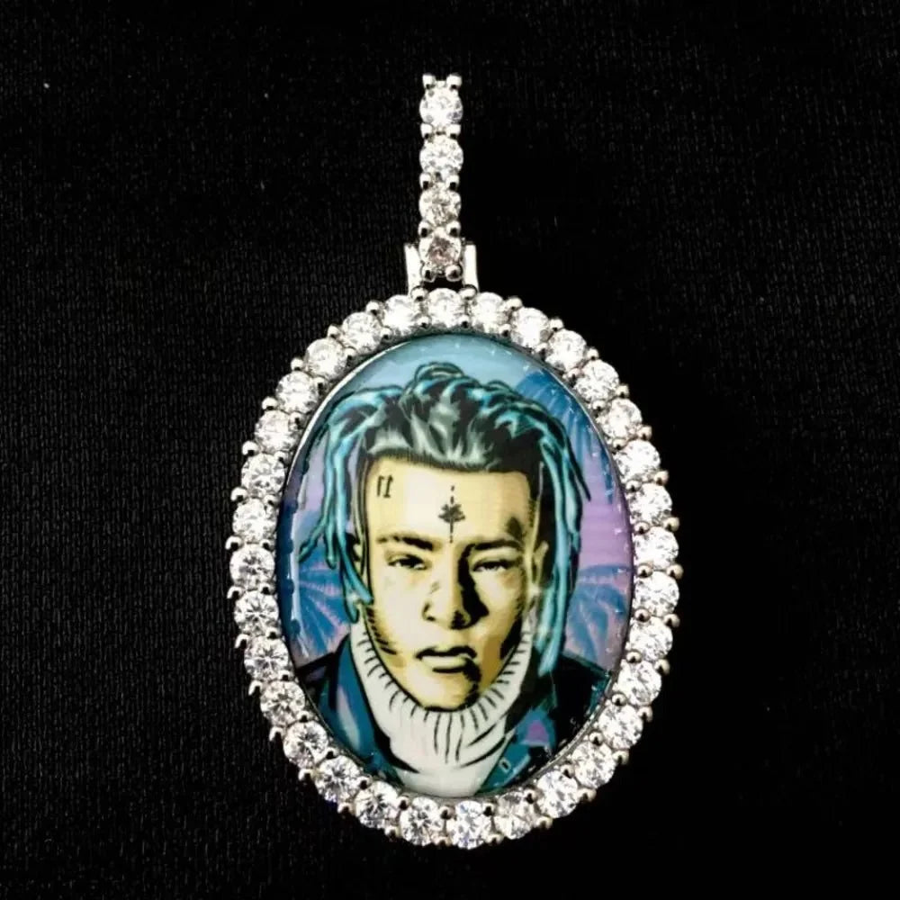 3D Oval Photo Diamond Iced-Out Pendant - 32mm