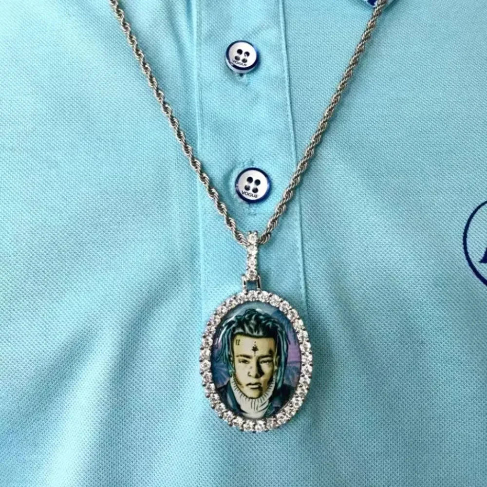 3D Oval Photo Diamond Iced-Out Pendant - 32mm
