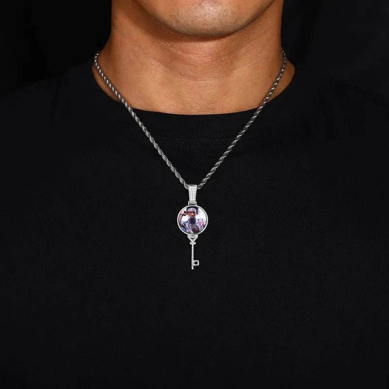 3D Round Key Solid Custom Photo Pendant in White Gold - 22mm