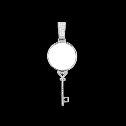 3D Round Key Solid Custom Photo Pendant in White Gold - 22mm