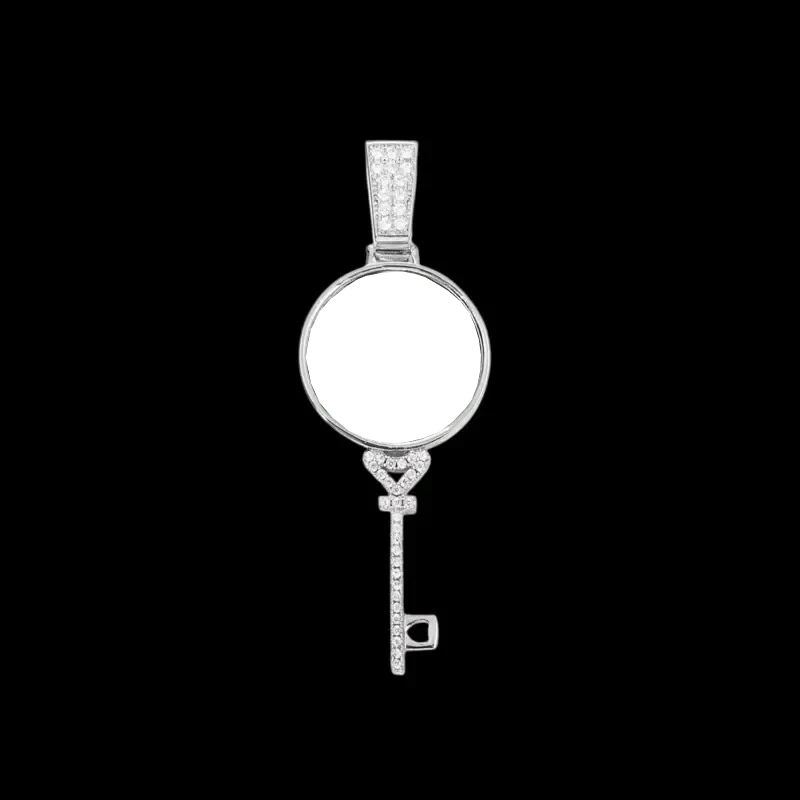 3D Round Key Solid Custom Photo Pendant in White Gold - 22mm