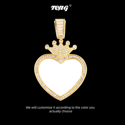 3D Solid Crown Heart Custom Photo Pendant - 36mm