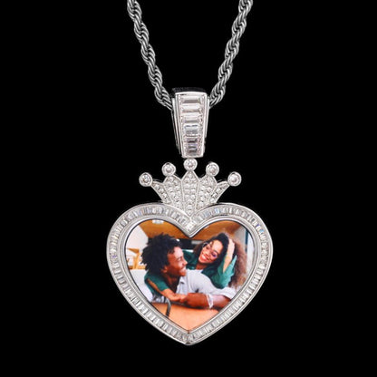3D Solid Crown Heart Custom Photo Pendant - 36mm